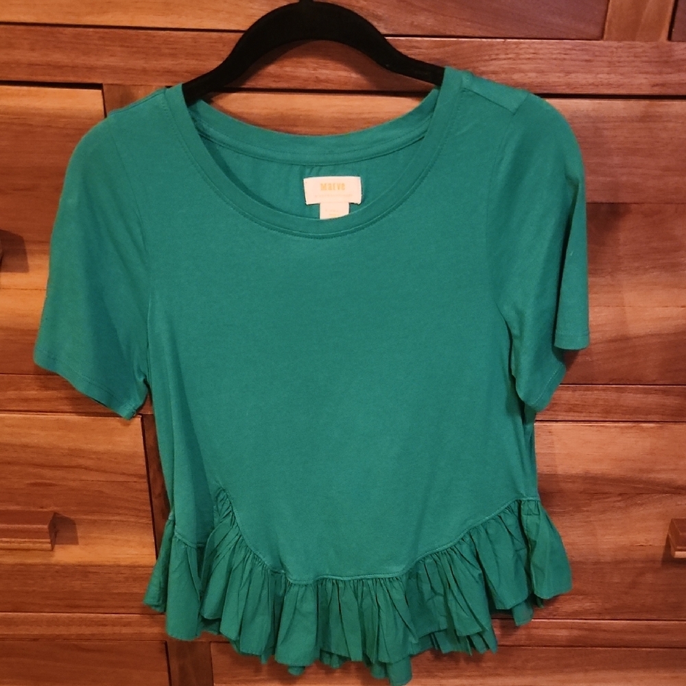 Anthropologie Green Short Sleeve Ruffle Bottom Unique Casual Loosefit Tee XS